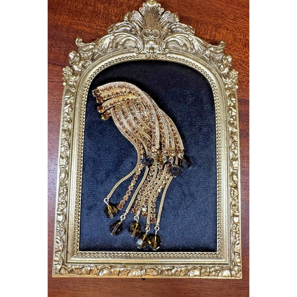 Vintage Gold Tone Waterfall‎ Tassel Brooch Rhinestone Faceted Bead Dangle